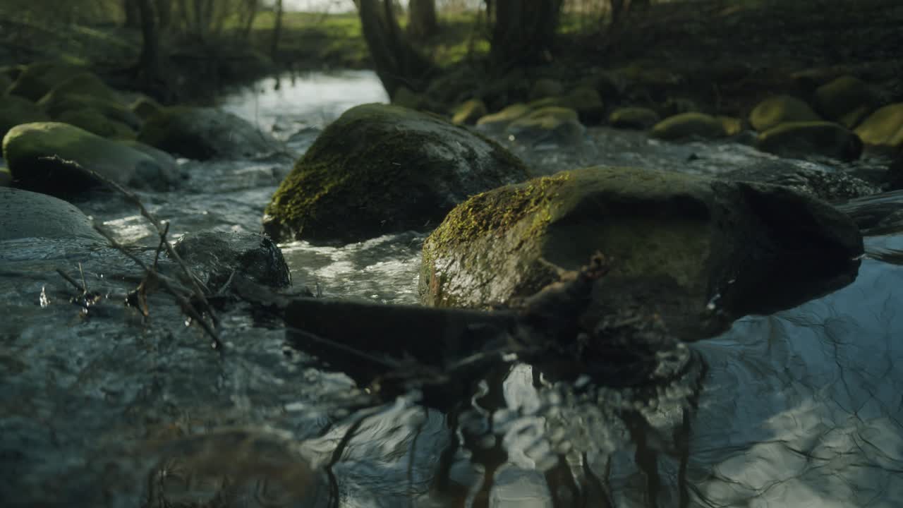 Vandstrøm bevæger sig rundt om sten og løber ud i en flod (slowmotion).