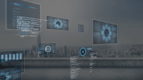 animation of multiple round scanners and data processing against aerial view of cityscape