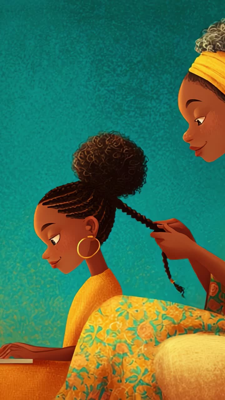 Un momento intimo di cura dei capelli, in cui una giovane ragazza è concentrata sul suo laptop mentre una donna più anziana le intreccia delicatamente i capelli, mostrando un legame culturale e affetto