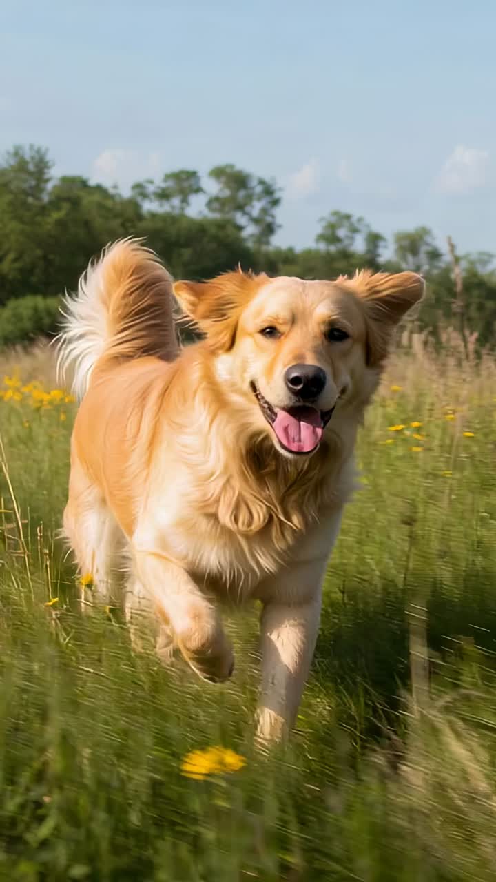 Vertical video: Noticing camera, golden retriever running toward camera across meadow, with flowers