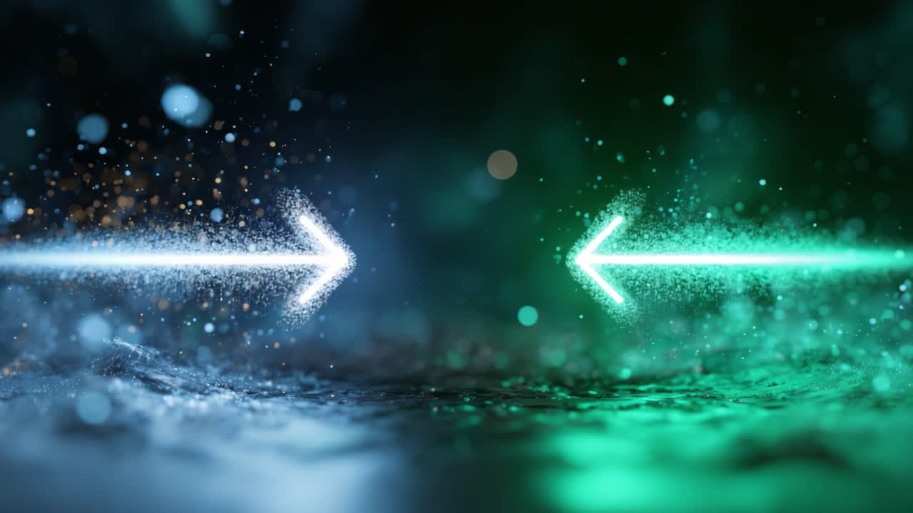 Dynamic Movement of Light and Particles Through Colored Mist in a Surreal Abstract Environment with Arrows Indicating Direction and Flow