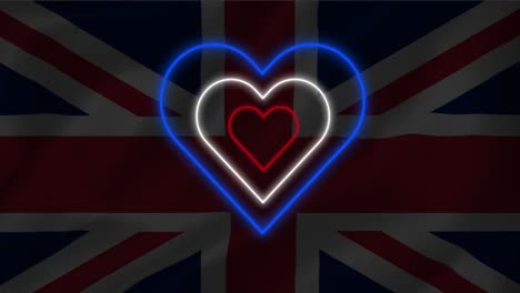 Animation-of-red-white-and-blue-concentric-neon-hearts-flashing-on-uk-flag-background