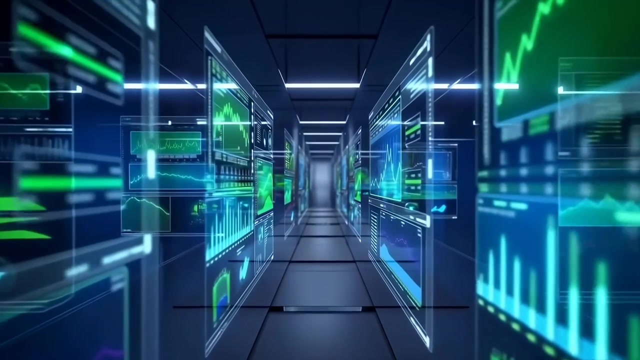 A sleek dark hallway lined with transparent digital panels, glowing charts, and interface elements, lit in cool blue and green tones with strong depth