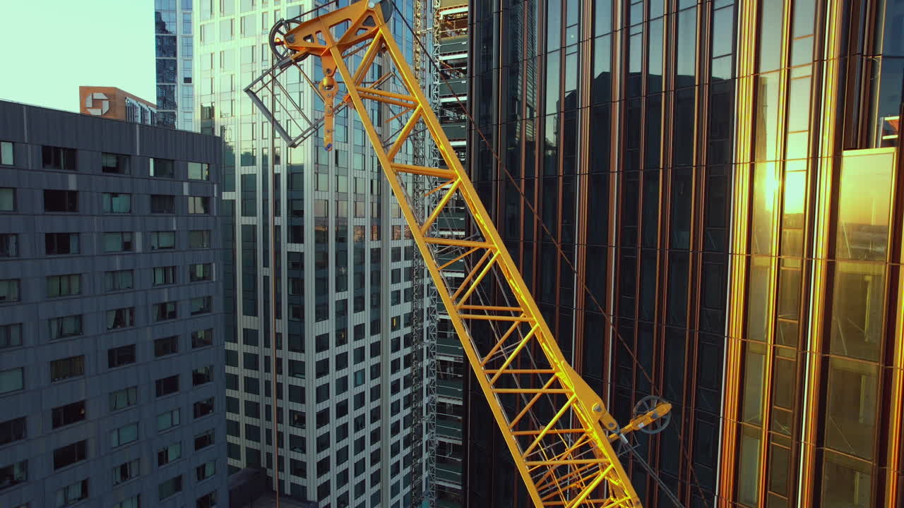 Jib Shot Of Huge Yellow Crane Near Brooklyn Tower Under Construction, NYC