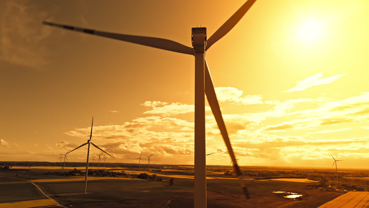 Turbine silhouette spins in golden sunset sky producing clean renewable energy, aerial backdrop glowing golden