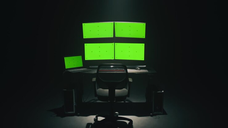 Scrivania con computer in un covo di hacker