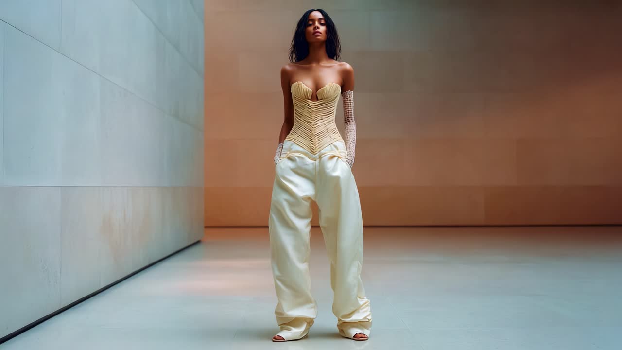 A Stunning Fashion Display: Models Strut Elegance in a Captivating Corset and Flowing Pants, Showcasing a Unique Blend of Modern and Vintage Style in a Minimalist Setting