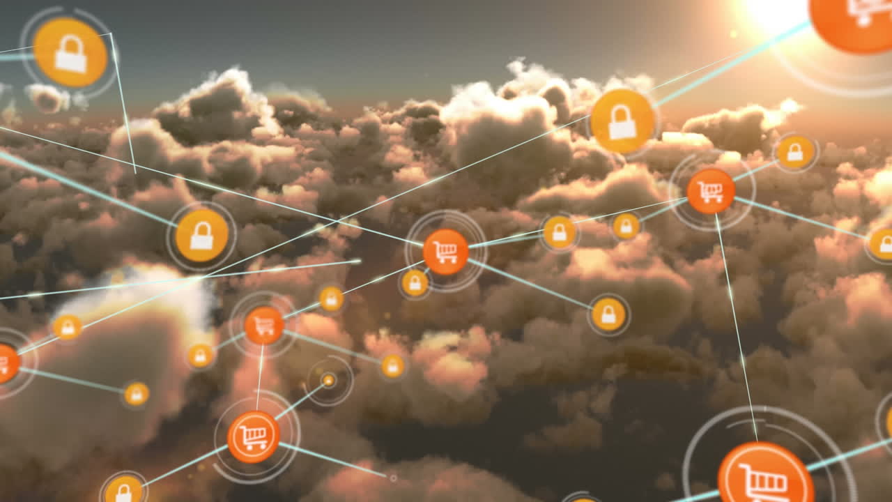 animación de la red de conexiones con iconos sobre nubes en el cielo