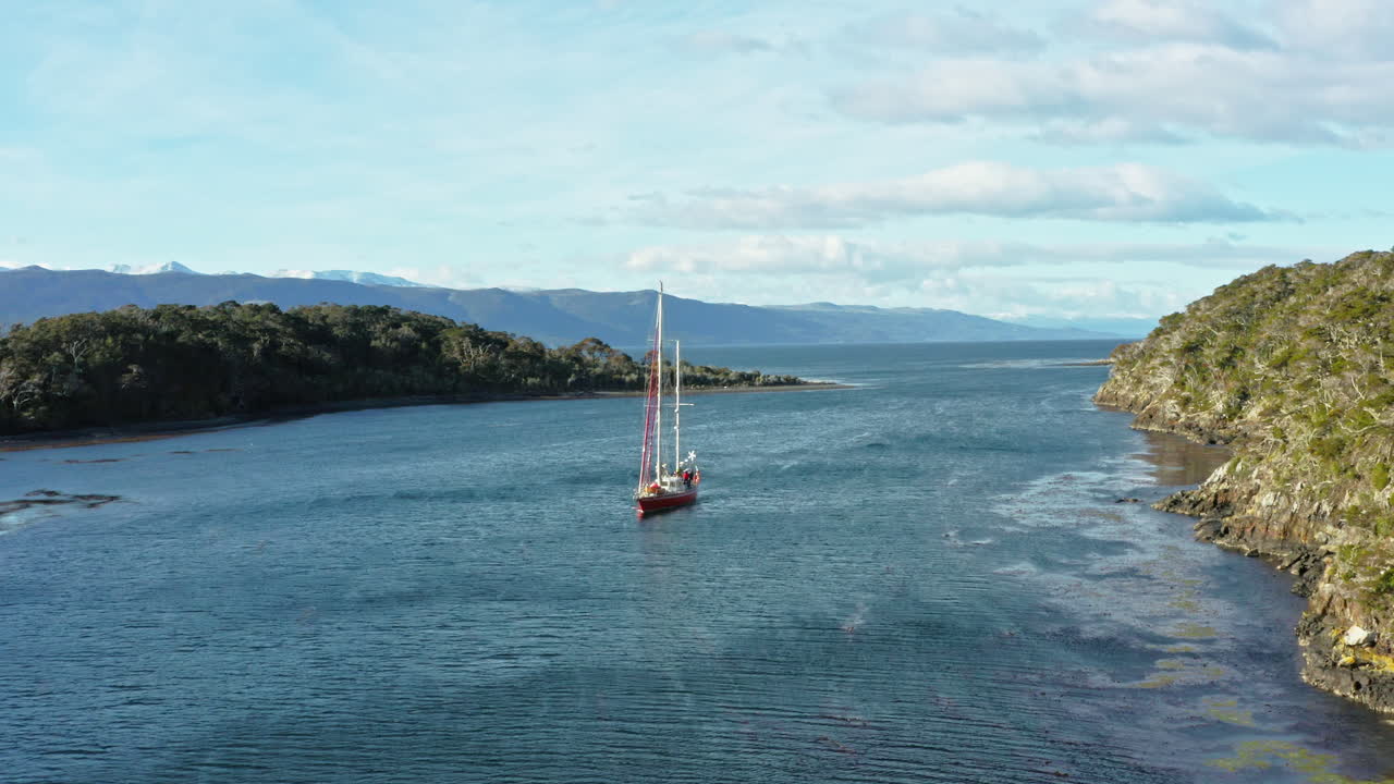 Navigation On Beagle Channel Strait In Tierra del Fuego, Around Cape Horn In Argentina, South America. Aerial Slow Motion Shot