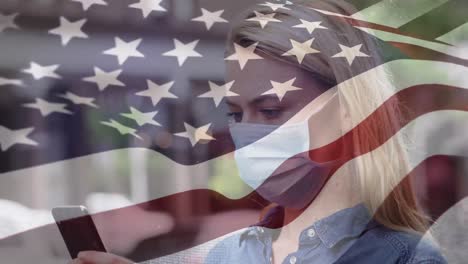 animación de la bandera de los estados unidos ondeando sobre una mujer con máscaras faciales