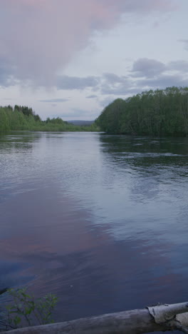 vertical view of calm river reflecting soft evening sky surrounded by lush green trees and distant hills, capturing peaceful twilight atmosphere in a serene nature setting