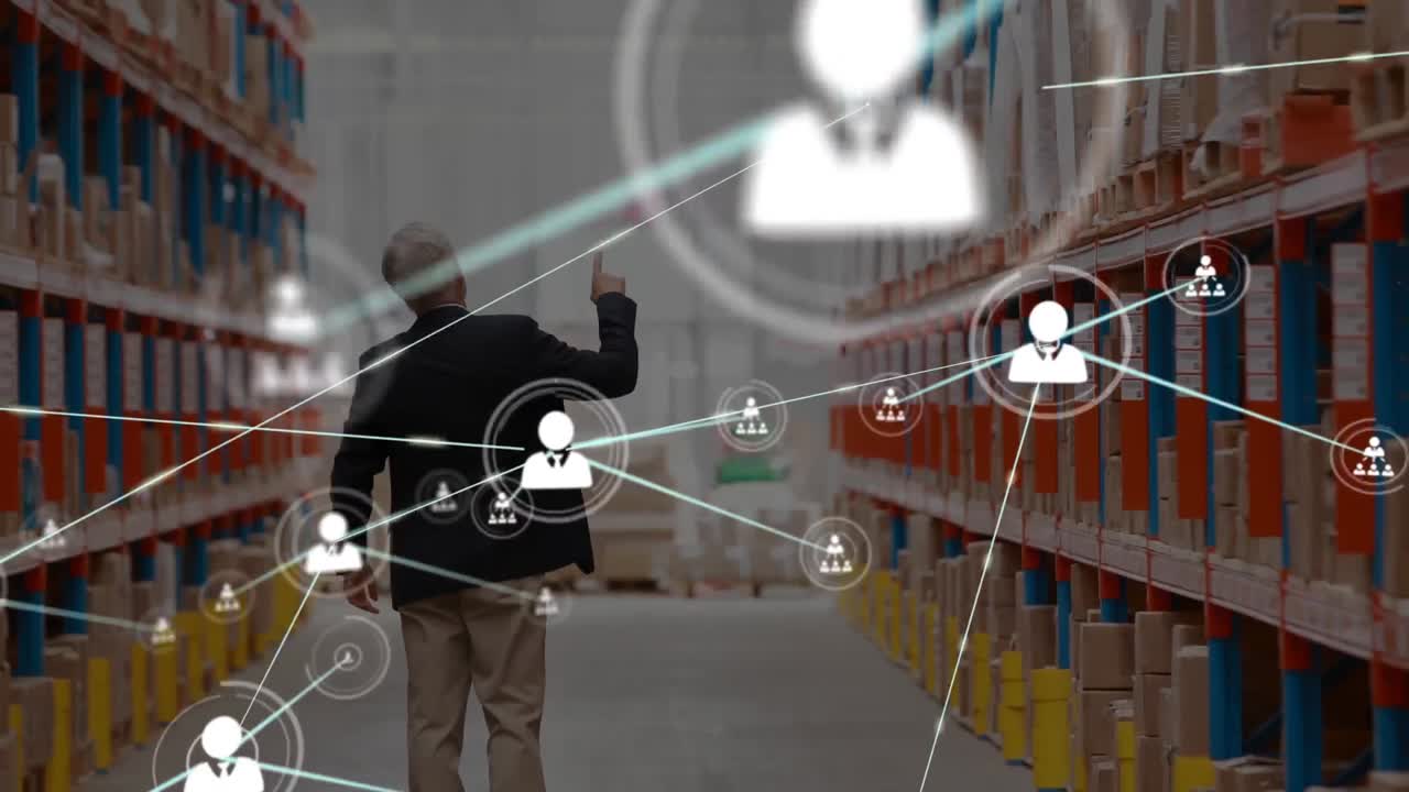 animación de conexiones de red con iconos de personas y un hombre en el fondo