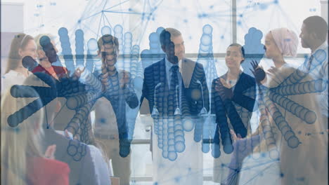 applauding business team with dna strand animation overlay in office meeting