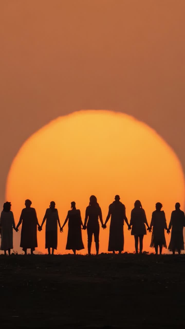 A Unified Stand Against the Backdrop of a Majestic Sunset: Celebrating Connection and Togetherness Amidst Nature's Beauty