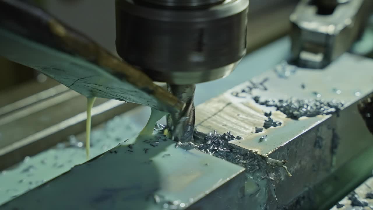 cutting tool mills metal with flowing coolant and scattered shavings in workshop