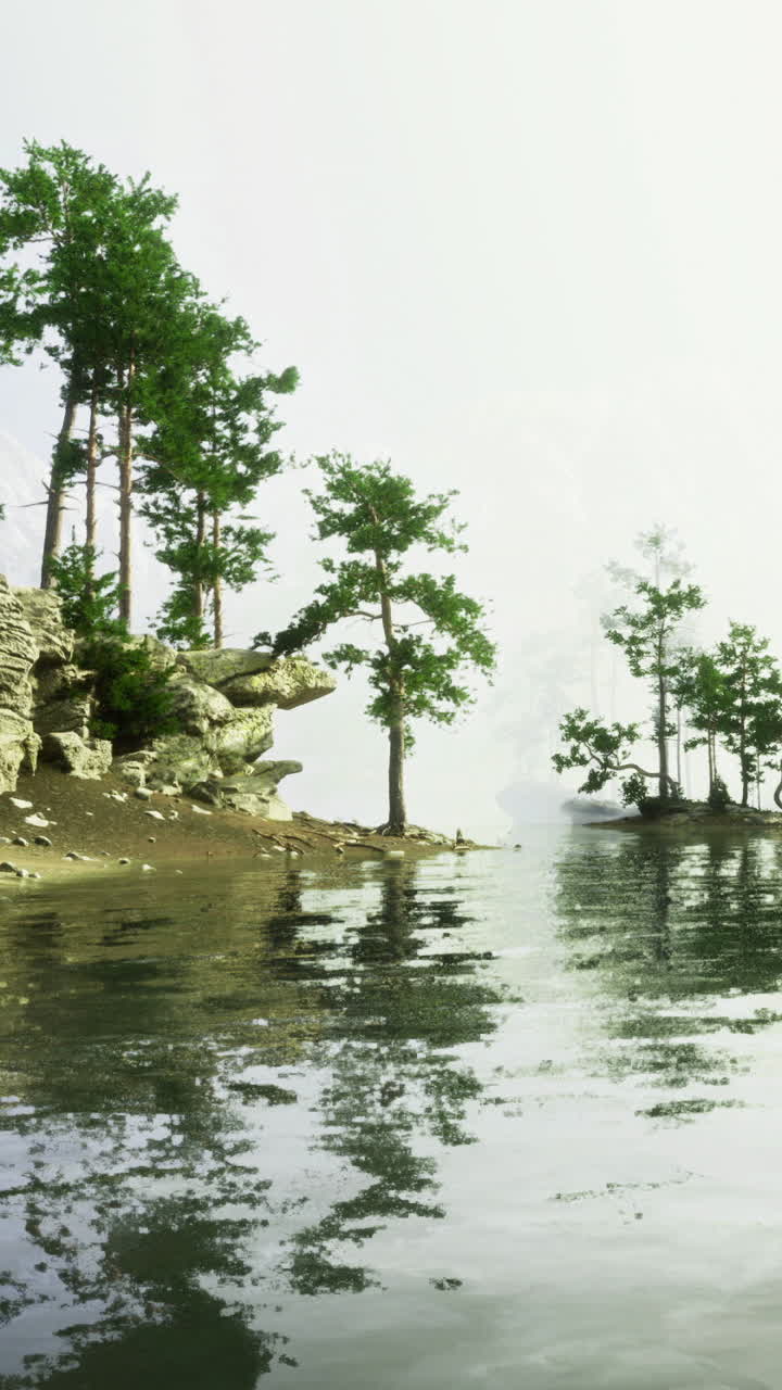 Serene lakeside view with reflections and lush green trees at dawn