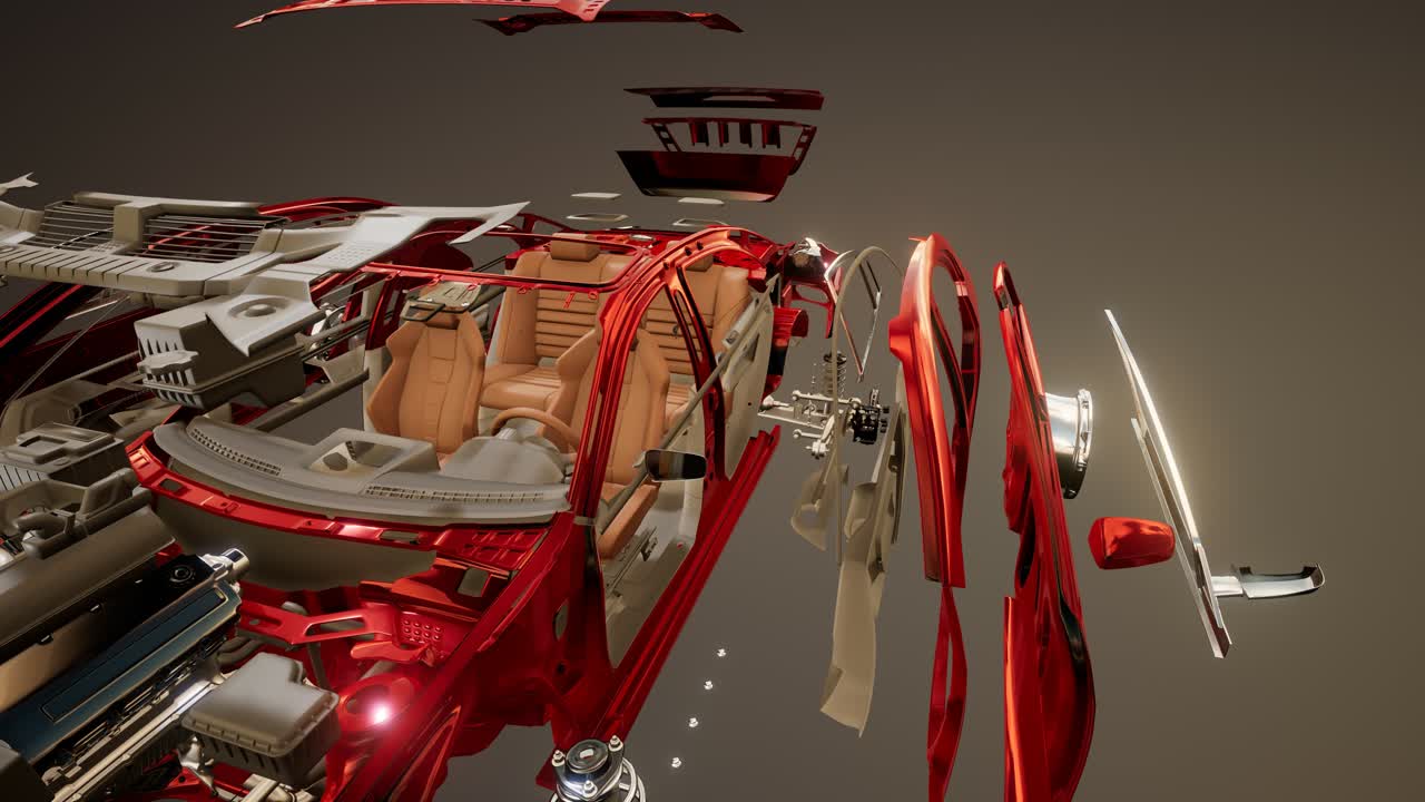 눈에 띄는 부분이 있는 분해된 자동차