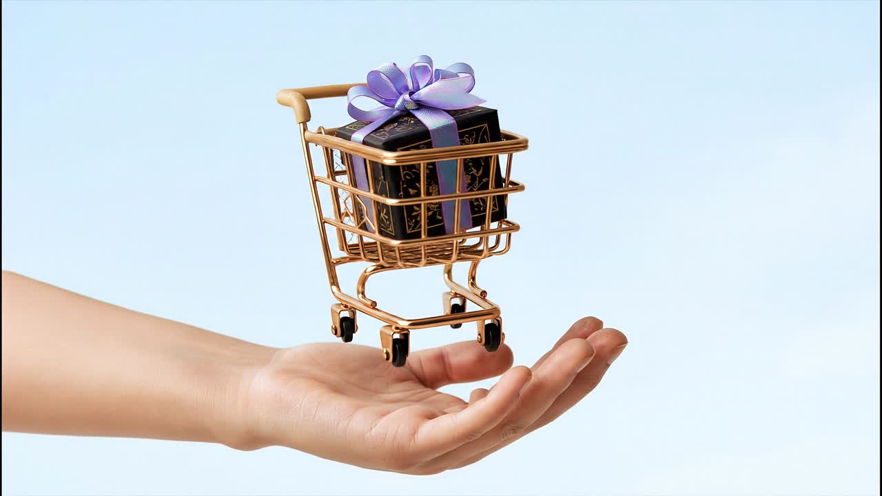 Carrello della spesa in miniatura con scatola regalo sospeso sopra una mano