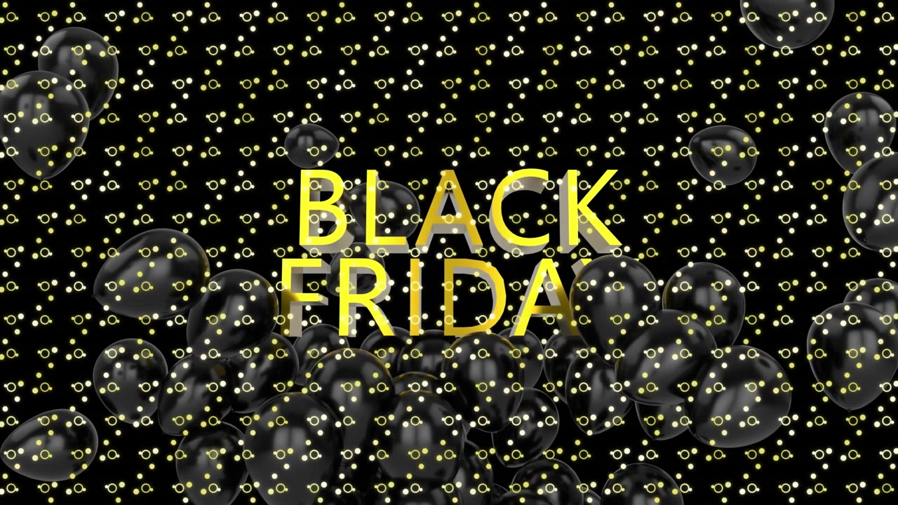 Animation of black friday text over shapes and balloons