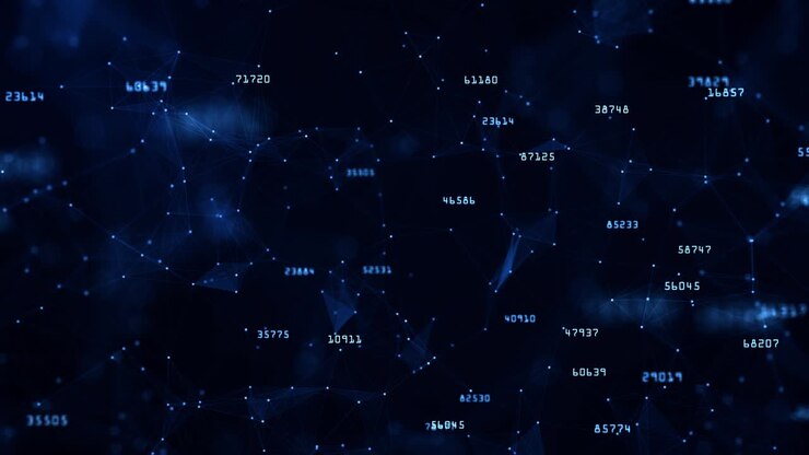 Algorithms and Data Structure concept with animating numbers and connected dots and lines over dark background
