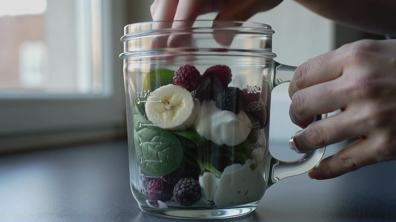 Mani che inseriscono frutti di bosco nello yogurt in un barattolo di vetro sul bancone di casa, manica scura, per uno spuntino