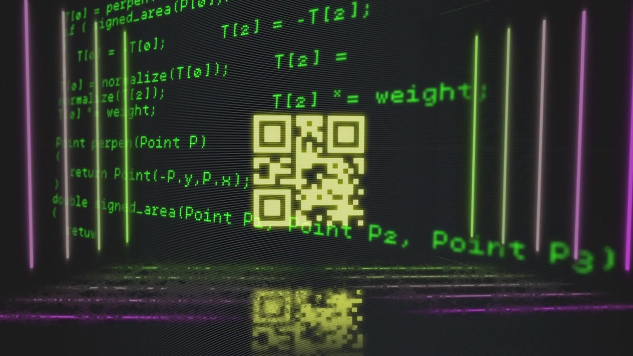 Scrolling Green Programming Code with QR Code on a Digital Screen