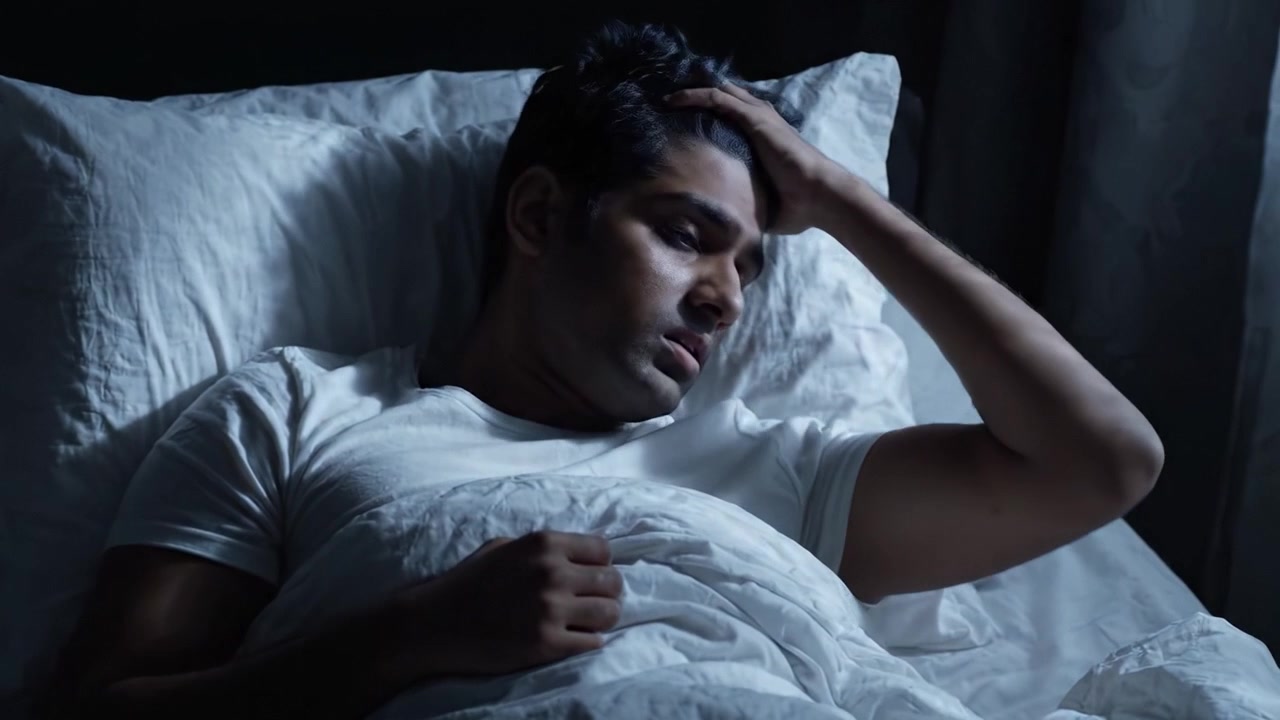 Ansiedad e Inquietud: Un retrato del insomnio mientras el individuo lucha con sus pensamientos en la quietud de la noche, reflejando agitación interna y emoción.
