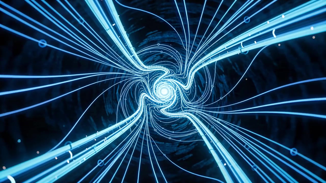 Brightening core sparking spiral vortex pulling ribbons and thin lines inward in void, with rings