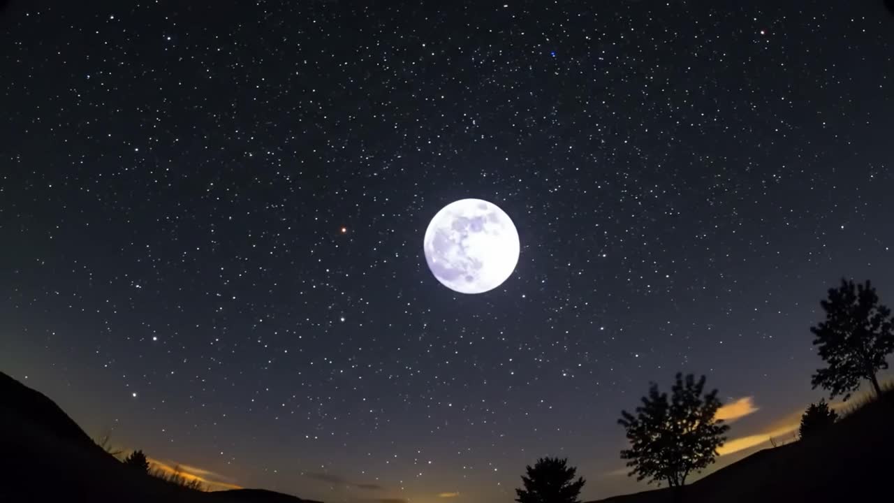 A bright full moon shines brightly, casting its light over a serene landscape dotted with silhouettes of trees. Stars sparkle in the clear night sky, creating a stunning natural display.