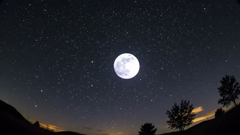 a bright full moon shines brightly, casting its light over a serene landscape dotted with silhouettes of trees. stars sparkle in the clear night sky, creating a stunning natural display.