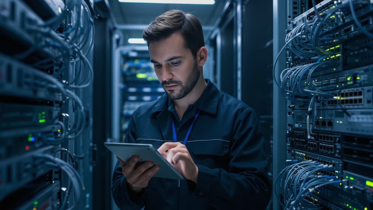 A Data Center Technician Monitors Systems on a Tablet, Ensuring Network Stability and Performance in a Modern Server Room Filled with Equipment