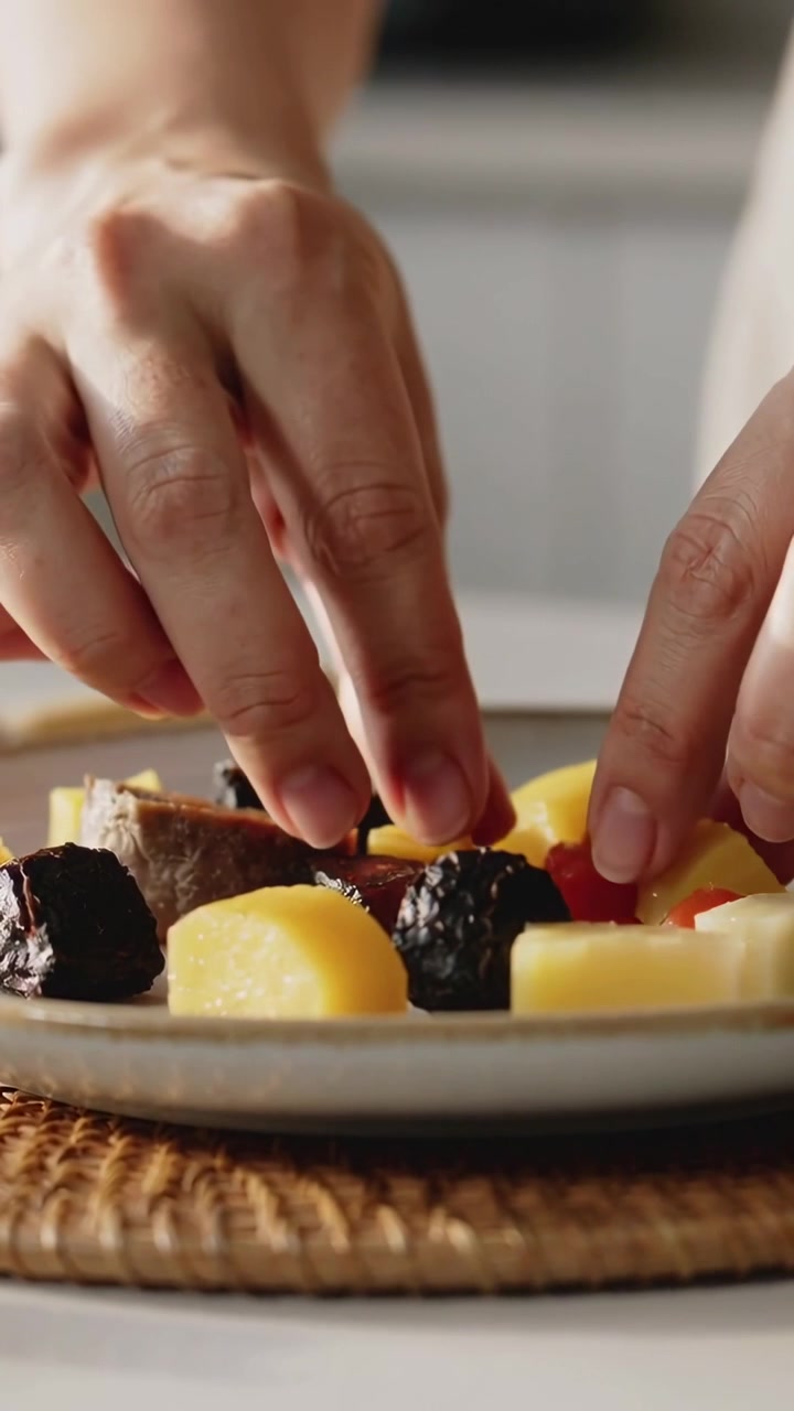 Vertical video: Picking small piece hands arranging varied food pieces on plate at counter, styling