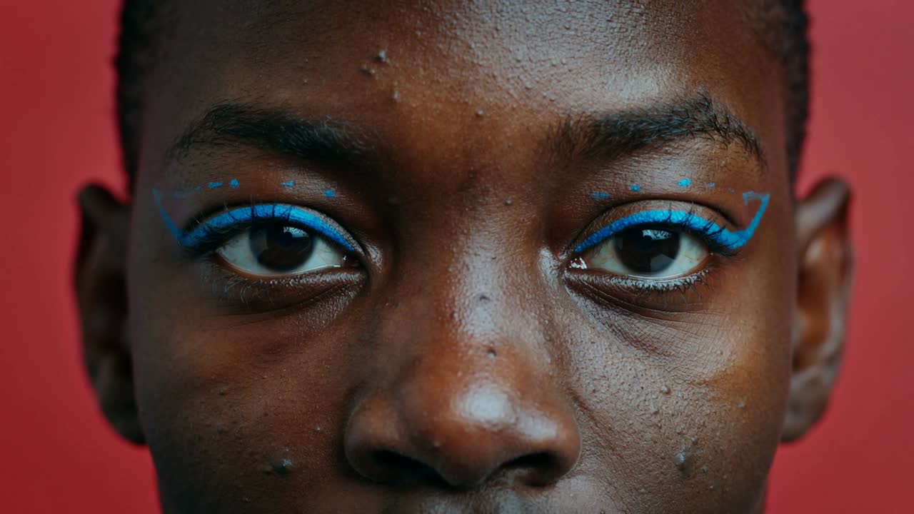 Blinking after camera starts, centered subject holding gaze and showcasing blue liner, red backdrop