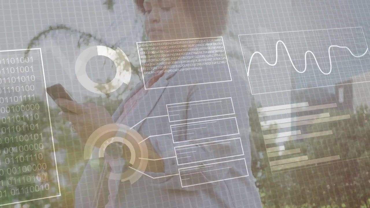 Commuting woman walking path pulling carry-on, using phone and checking work data with HUD overlays