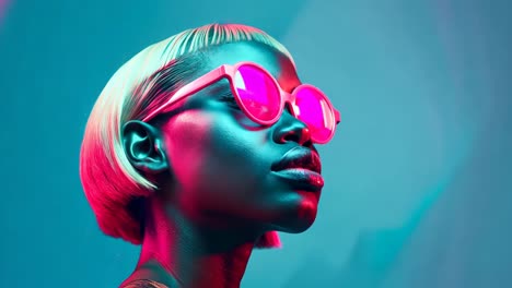una mujer con gafas de sol rosas en un fondo azul