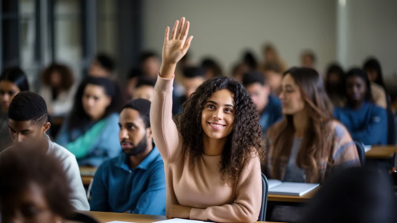A classroom setting with a focus on a student raising her hand, captured from a front-facing angle