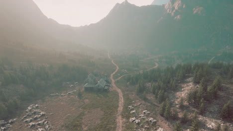 old wooden village on the rocky mountain background
