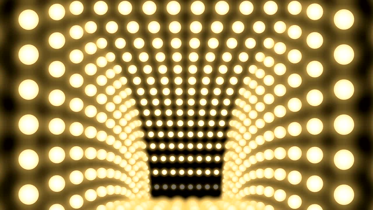 터널 전구 박스 프레임 사각형 모양 이동 패턴, 레트로 3d 가상 스타일 일러스트레이션 어두운 배경에서 빛나는 원활한 루핑 애니메이션 4k, 복사 공간