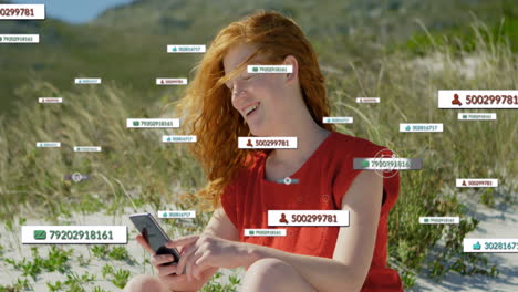 animation of media icons over caucasian woman using smartphone