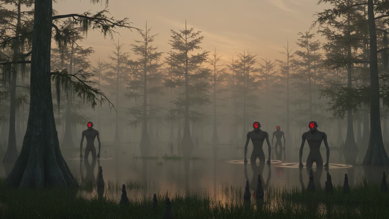 Scena inquietante di palude al crepuscolo con misteriose figure d'ombra che emergono dalla nebbia mentre il sole arancione tramonta tra alberi imponenti e acqua immobile.