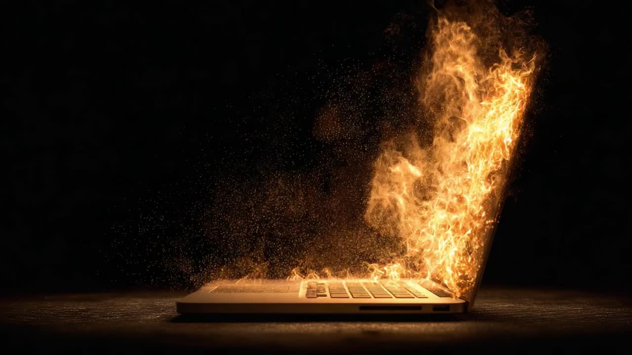 A Visually Captivating Representation of a Laptop Erupting in Flames, Symbolizing Dangers of Overheating and Digital Destruction