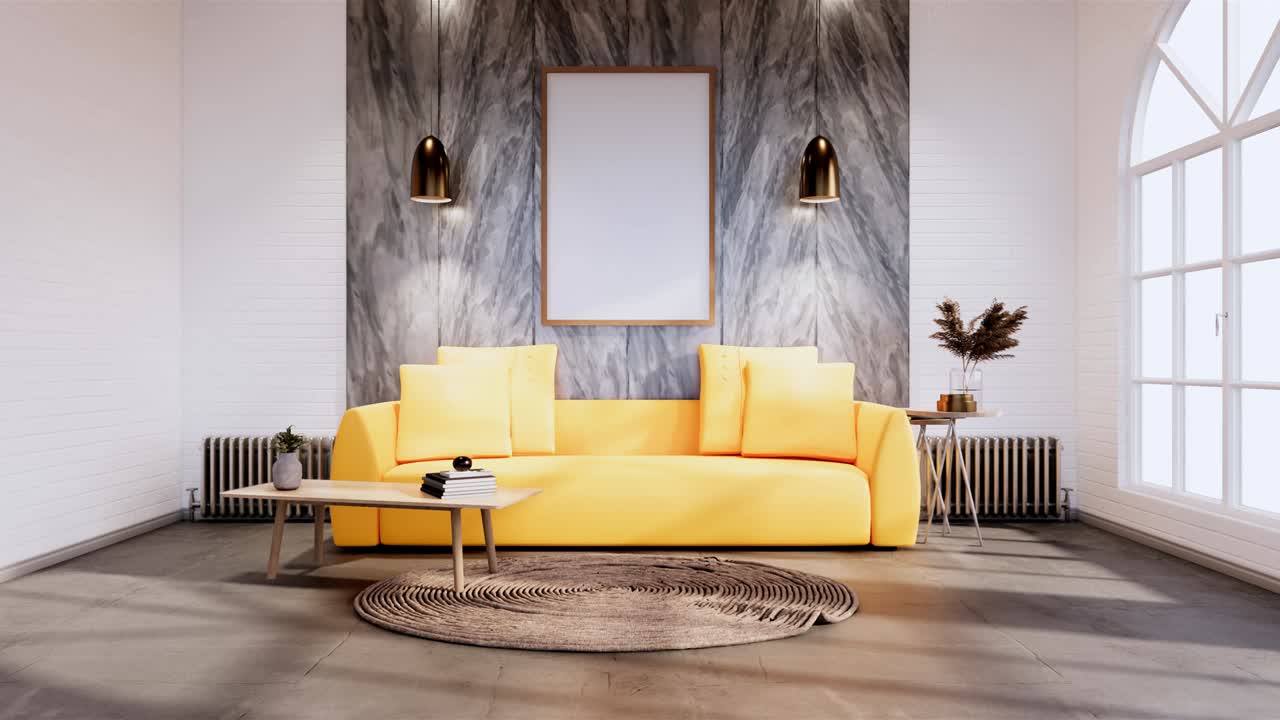 estilo loft con pared blanca en el suelo de madera y sofá sillón en la alfombra.3d renderización