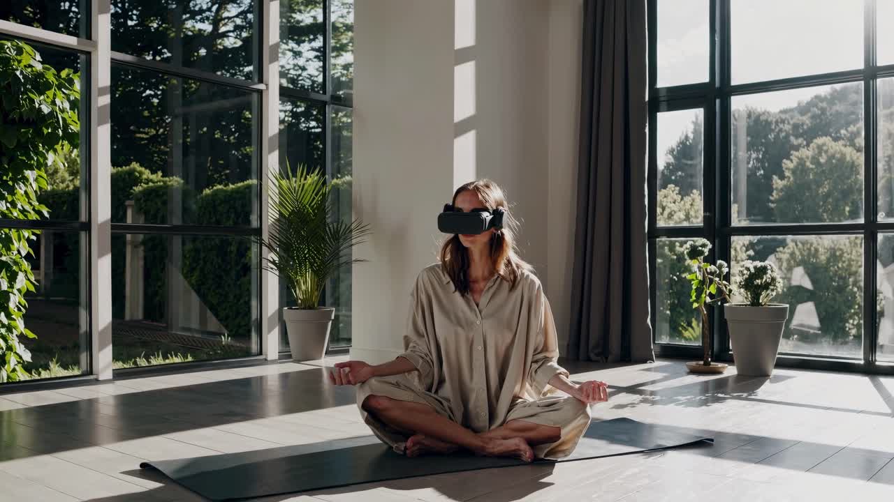 Una donna con visore VR medita in una stanza soleggiata, circondata da piante.