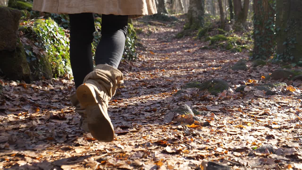 Woman in brown slouch boots walking on autumn forest leaves, Slowmo Closeup