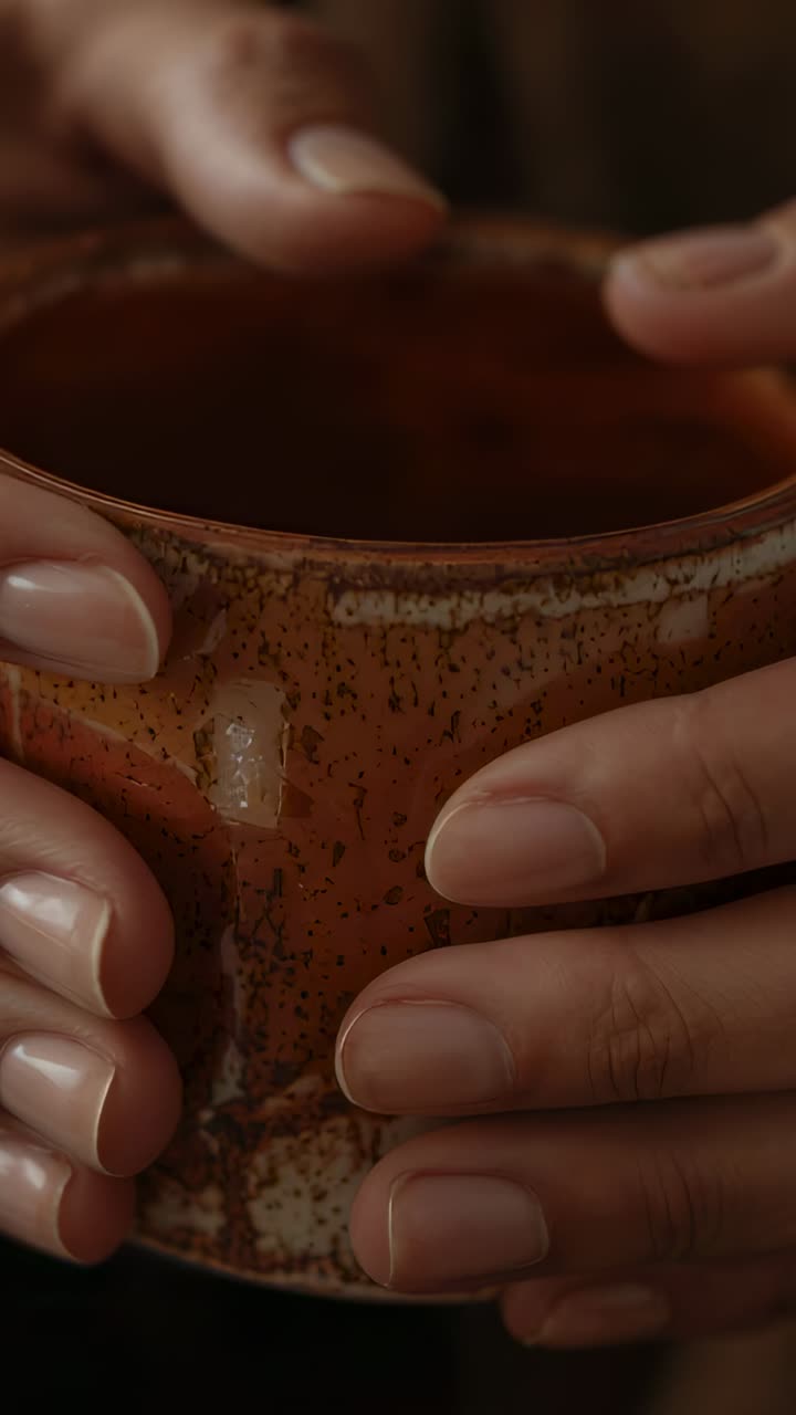 Vertical video: Camera focusing adult hands cradling cup at home, showing speckled rim, dark liquid