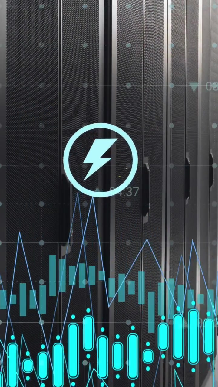 Animación de procesamiento de datos financieros sobre servidores informáticos