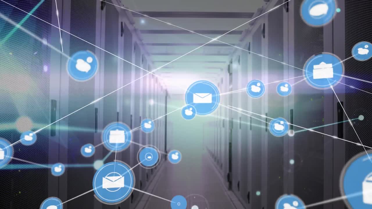 Animation of connected icons and dots with lens flares against server room in background