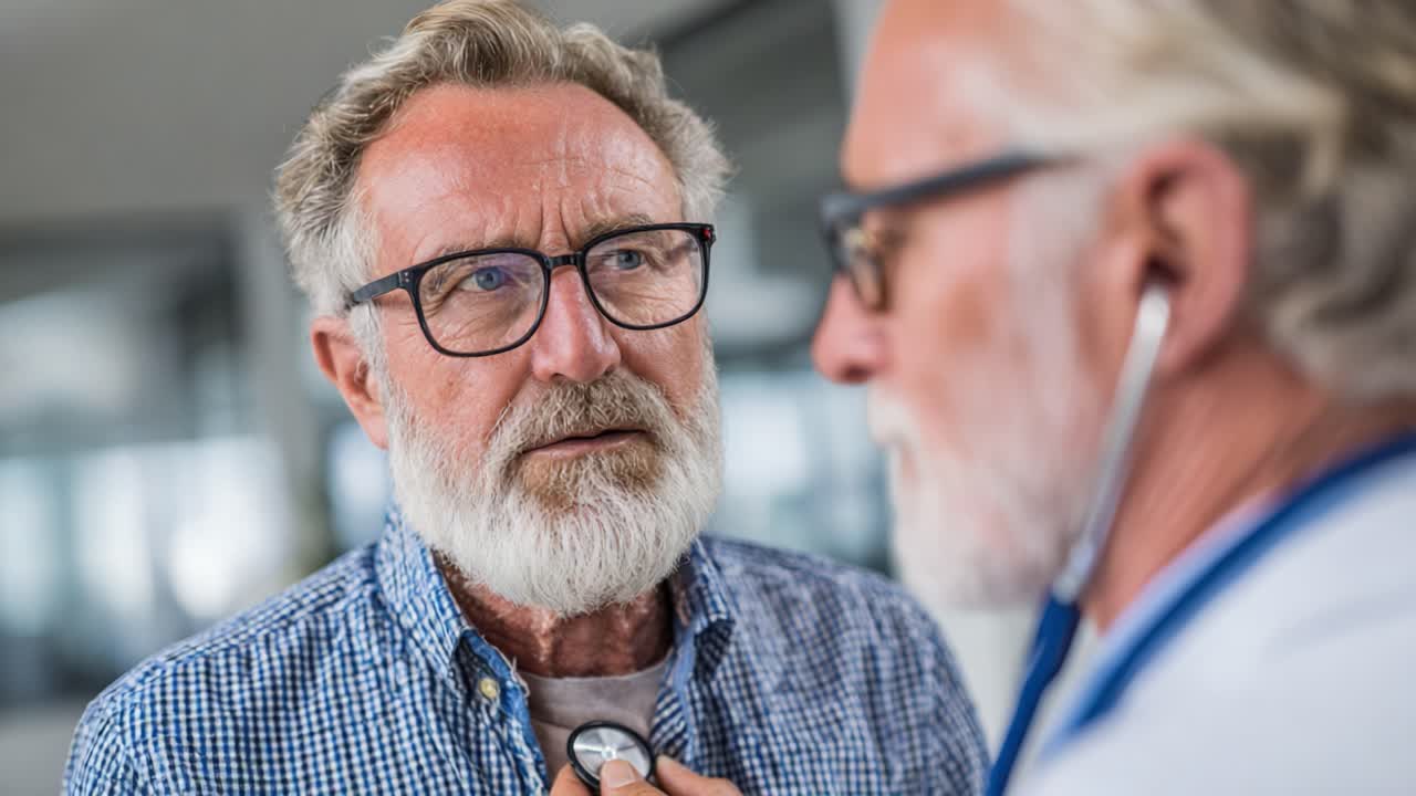 A dedicated healthcare professional conducting a thorough examination of an elderly man's heart health during a medical consultation, highlighting elder care and patient engagement