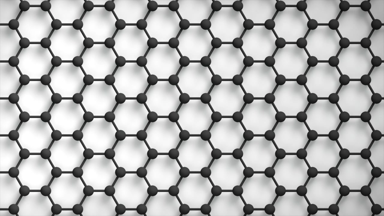 Struttura in grafene Nano Tech a ciclo orizzontale in bianco e nero. Questa animazione 3D di nanotecnologia rappresenta l'ingegneria a livello molecolare