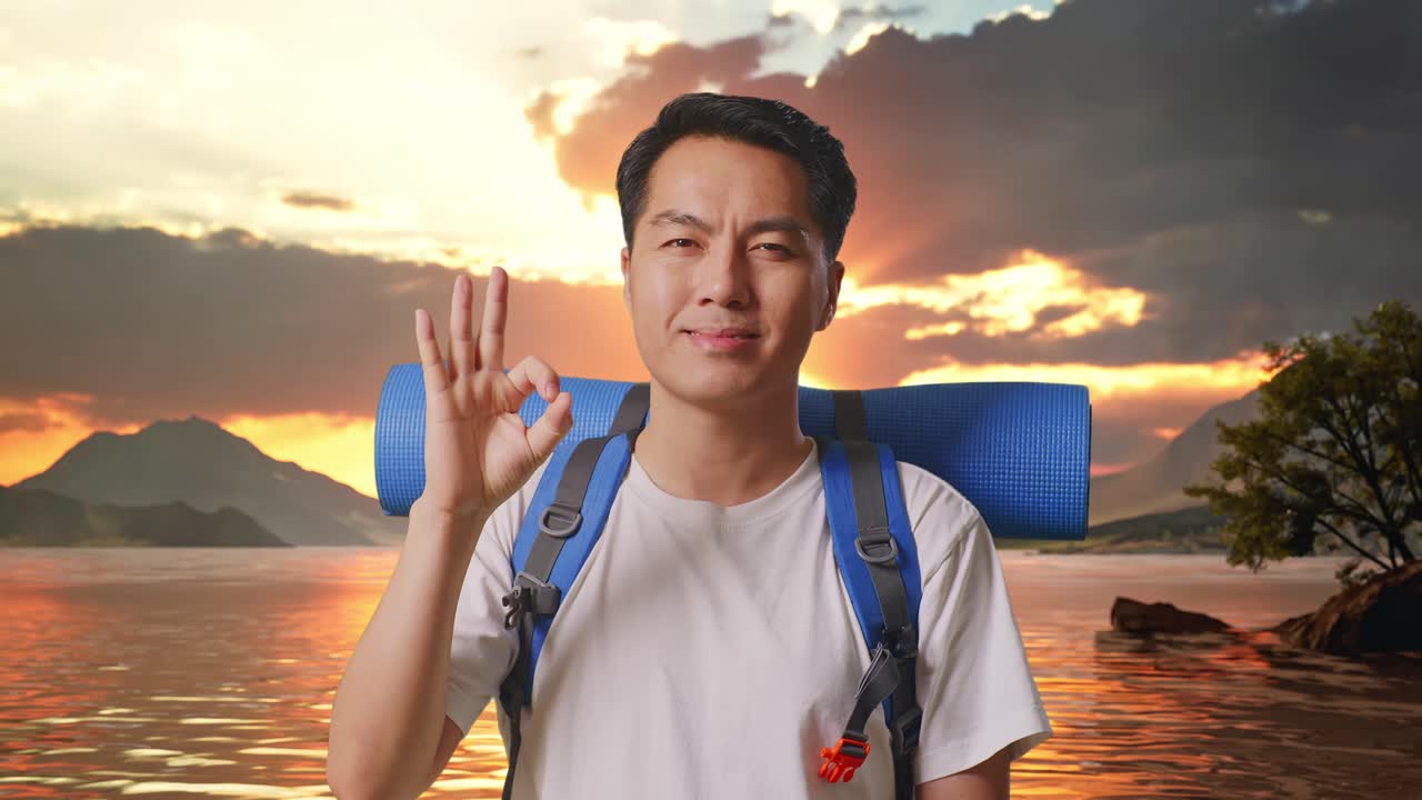 Close Up Of Asian Male Hiker With Mountaineering Backpack Smiling And Showing Okay Gesture To Camera At A Lake